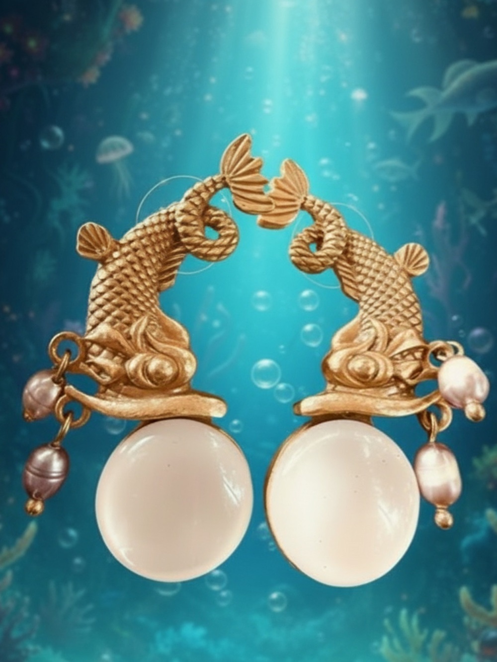 Vintage Mythical Gold Fish Pearl Drop Earrings ✨Unique Magical Fantasy Vibe!POST